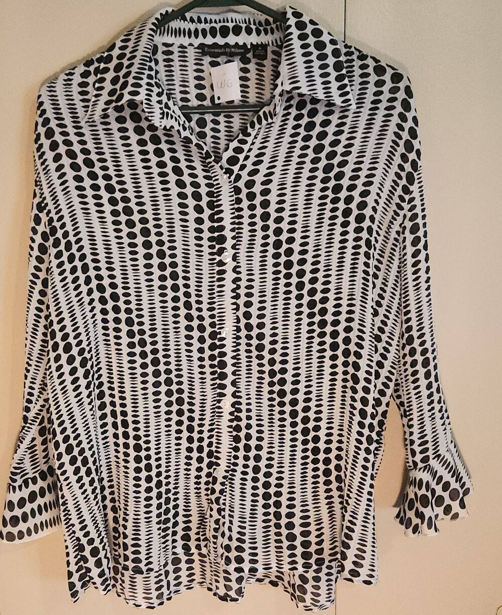 U16 Essentials by Milano white multi size black dots flowy w flouncy sleeves